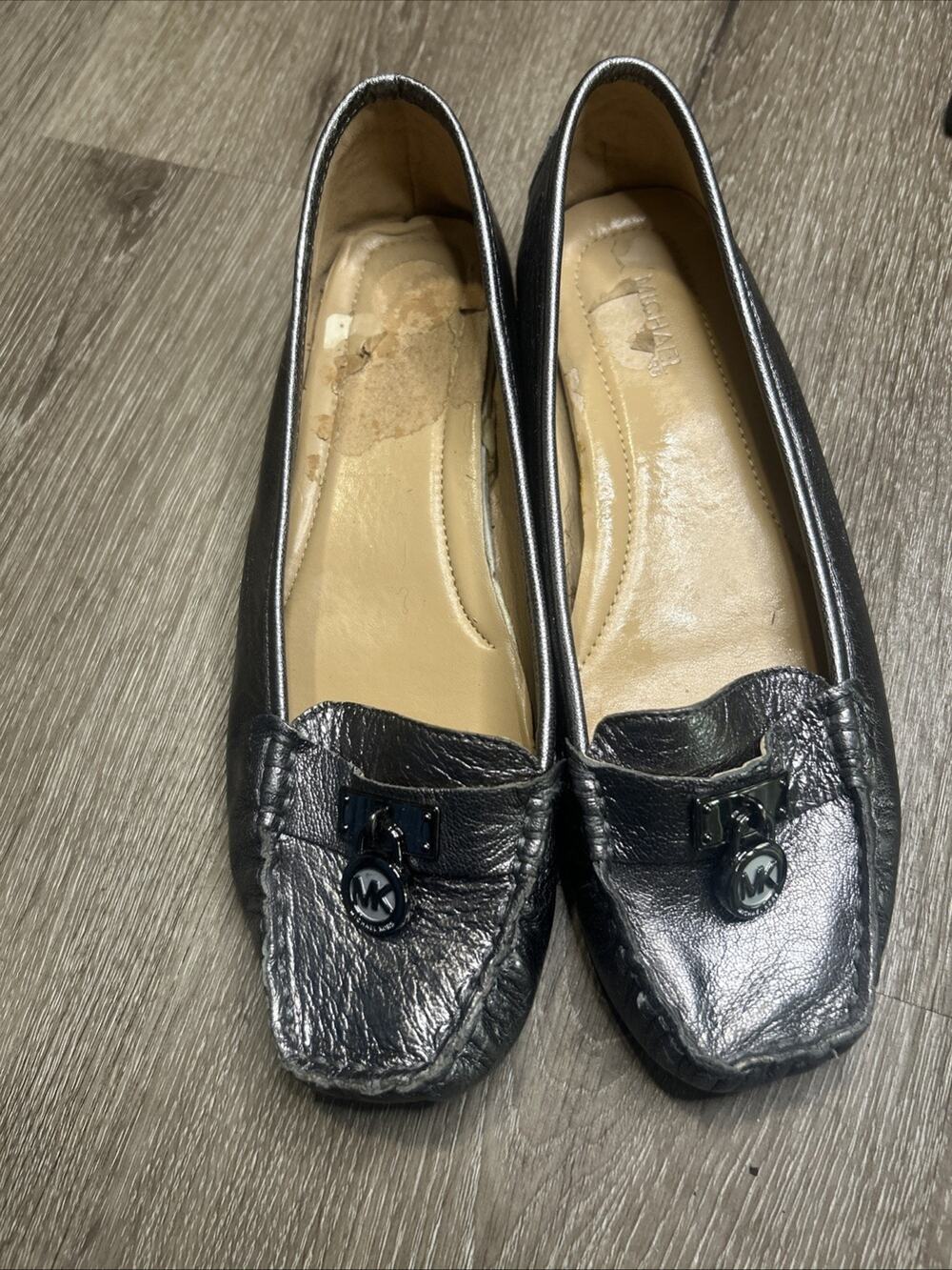 Michael Kors Silver Leather Loafer Flats Logo Accent Square Toe for Women Sz 7.5